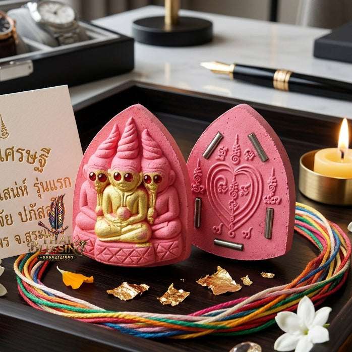 💖 Sacred "Pho Ngang" (Love Spirit Amulet): Pink Charm Powder with 5 Takruts – Consecrated by Luang Phor Wichai, Wat Thotsarat (2018) Thai Blessing Co By RURUECHA