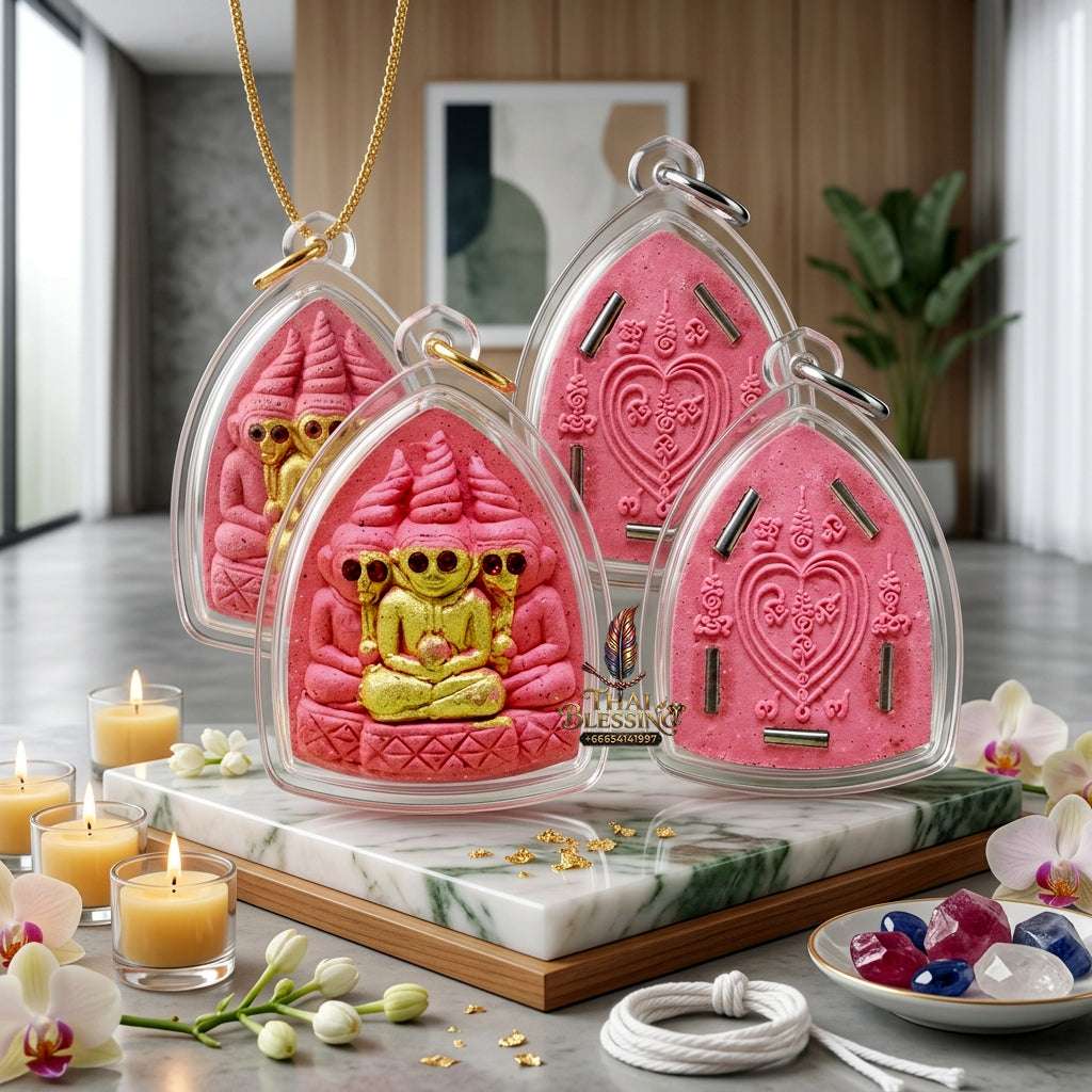 💖 Sacred "Pho Ngang" (Love Spirit Amulet): Pink Charm Powder with 5 Takruts – Consecrated by Luang Phor Wichai, Wat Thotsarat (2018) Thai Blessing Co By RURUECHA