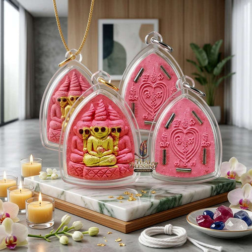 💖 Sacred "Pho Ngang" (Love Spirit Amulet): Pink Charm Powder with 5 Takruts – Consecrated by Luang Phor Wichai, Wat Thotsarat (2018) Thai Blessing Co By RURUECHA
