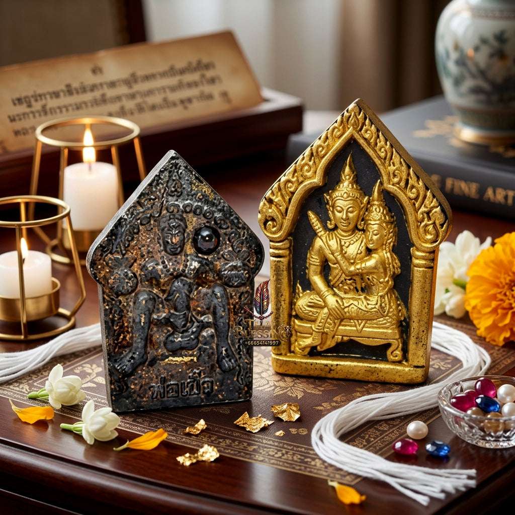 💖 Sacred "Phra Khun Phaen Oom Nang" (Khun Phaen Holding Lady) with Pho Per – "1 Billionaire" Edition: Black Herb Powder with Gold Accents – Consecrated by Luang Pu Key, Wat Si Lam Yong (2008) Thai Blessing Co By RURUECHA