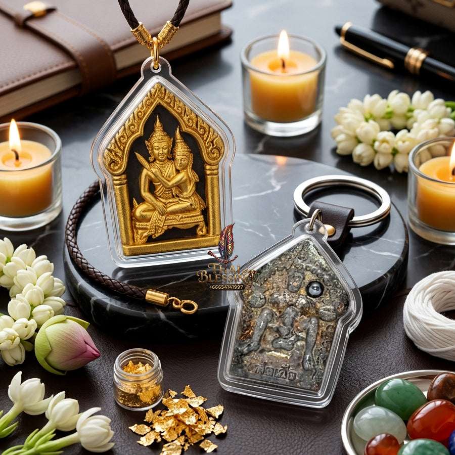 💖 Sacred "Phra Khun Phaen Oom Nang" (Khun Phaen Holding Lady) with Pho Per – "1 Billionaire" Edition: Black Herb Powder with Gold Accents – Consecrated by Luang Pu Key, Wat Si Lam Yong (2008) Thai Blessing Co By RURUECHA