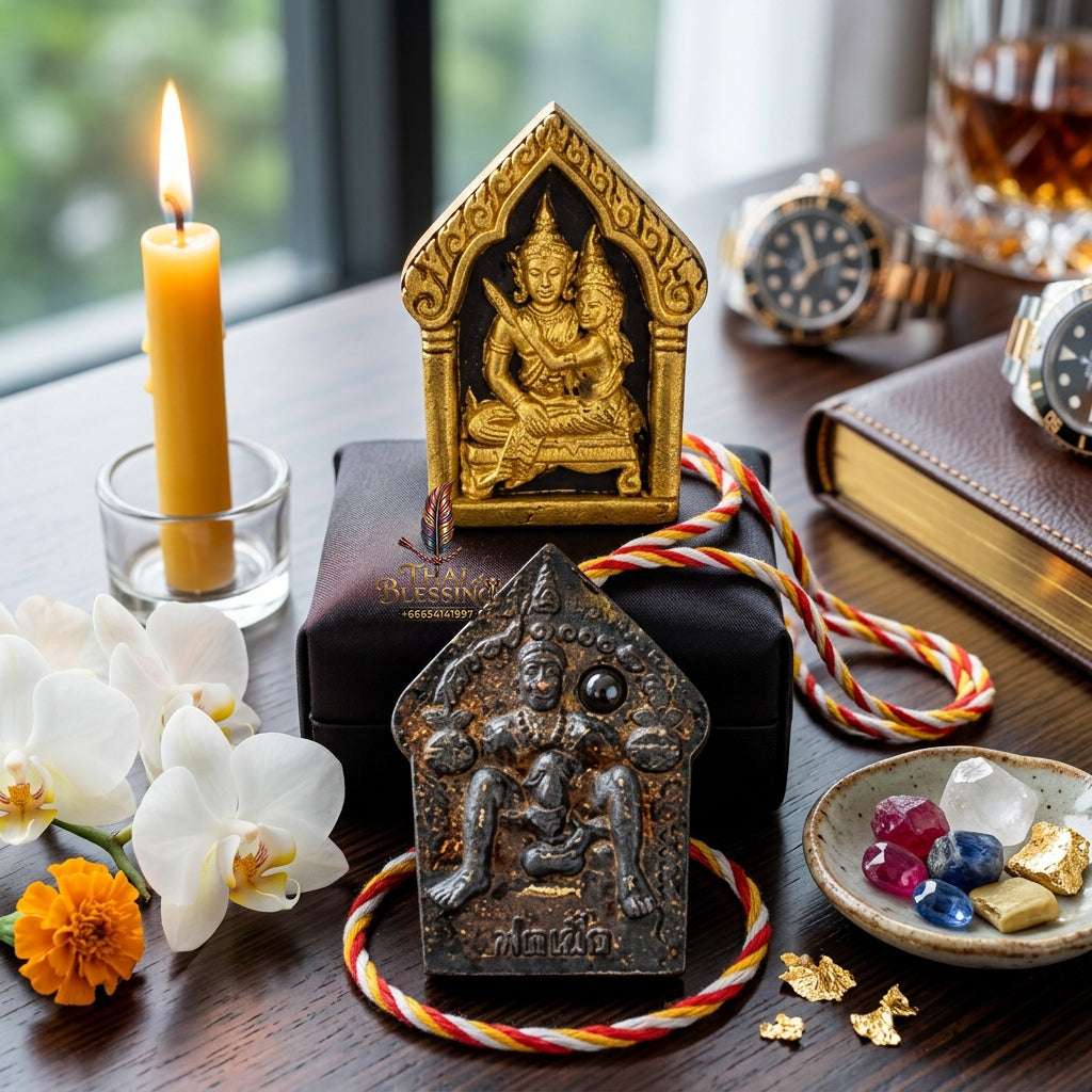 💖 Sacred "Phra Khun Phaen Oom Nang" (Khun Phaen Holding Lady) with Pho Per – "1 Billionaire" Edition: Black Herb Powder with Gold Accents – Consecrated by Luang Pu Key, Wat Si Lam Yong (2008) Thai Blessing Co By RURUECHA