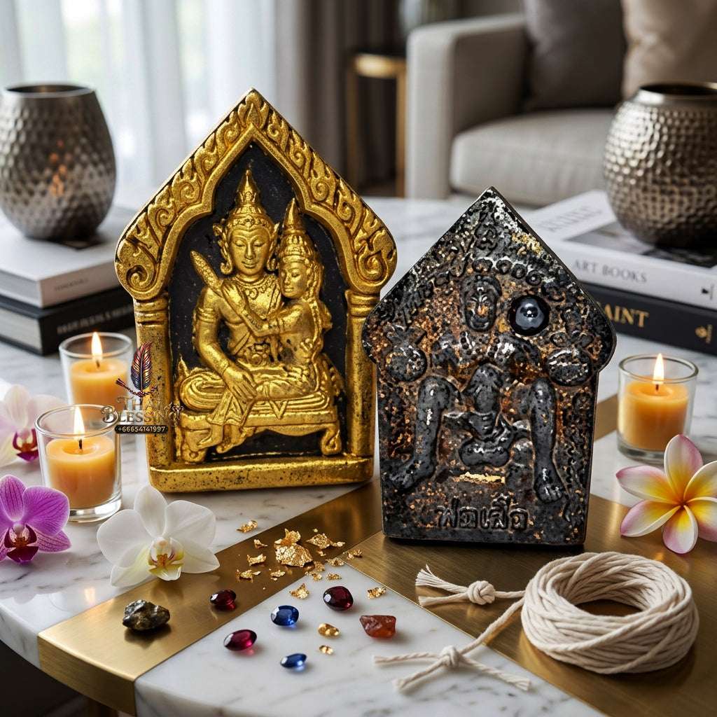 💖 Sacred "Phra Khun Phaen Oom Nang" (Khun Phaen Holding Lady) with Pho Per – "1 Billionaire" Edition: Black Herb Powder with Gold Accents – Consecrated by Luang Pu Key, Wat Si Lam Yong (2008) Thai Blessing Co By RURUECHA