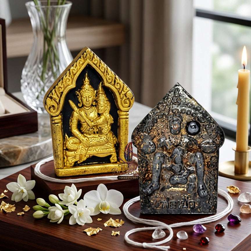 💖 Sacred "Phra Khun Phaen Oom Nang" (Khun Phaen Holding Lady) with Pho Per – "1 Billionaire" Edition: Black Herb Powder with Gold Accents – Consecrated by Luang Pu Key, Wat Si Lam Yong (2008) Thai Blessing Co By RURUECHA