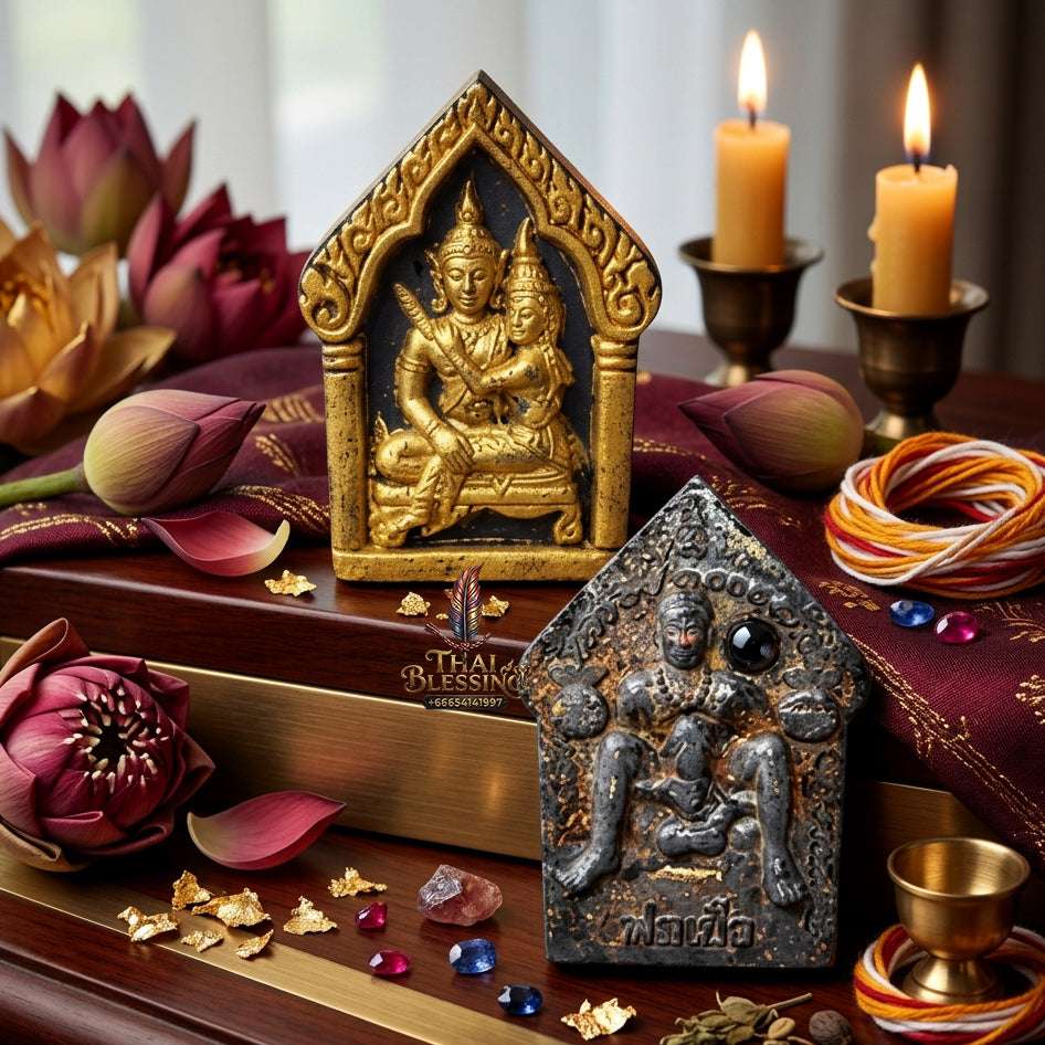 💖 Sacred "Phra Khun Phaen Oom Nang" (Khun Phaen Holding Lady) with Pho Per – "1 Billionaire" Edition: Black Herb Powder with Gold Accents – Consecrated by Luang Pu Key, Wat Si Lam Yong (2008) Thai Blessing Co By RURUECHA