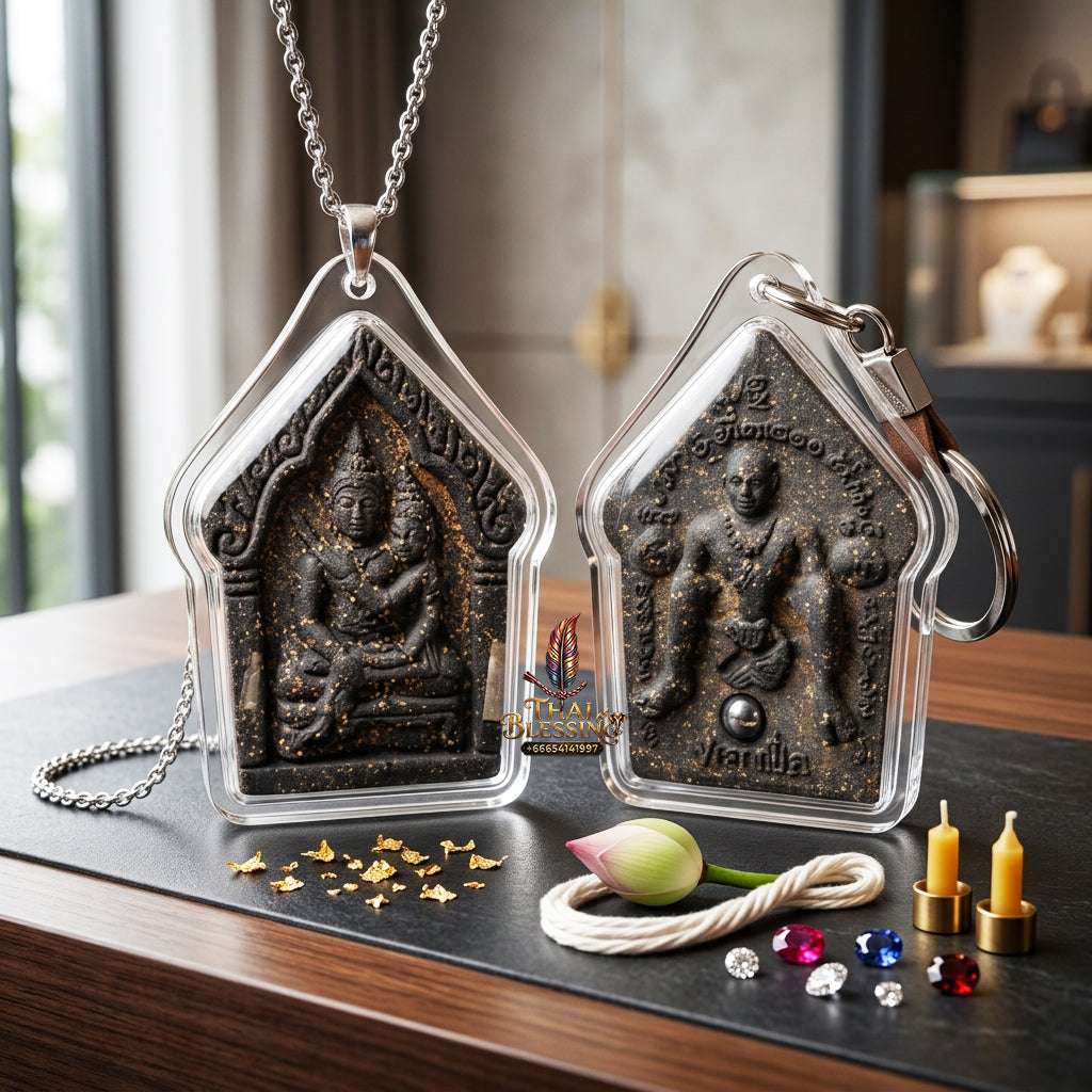 💖 Sacred "Phra Khun Phaen Oom Nang" (Khun Phaen Holding Lady) with Pho Per – "1 Billionaire" Edition: Black Sacred Herb Powder – Consecrated by Luang Pu Key, Wat Si Lam Yong (2008) Thai Blessing Co By RURUECHA