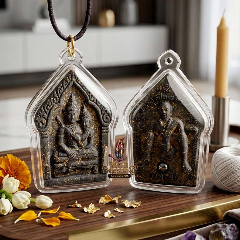 💖 Sacred "Phra Khun Phaen Oom Nang" (Khun Phaen Holding Lady) with Pho Per – "1 Billionaire" Edition: Black Sacred Herb Powder – Consecrated by Luang Pu Key, Wat Si Lam Yong (2008) Thai Blessing Co By RURUECHA