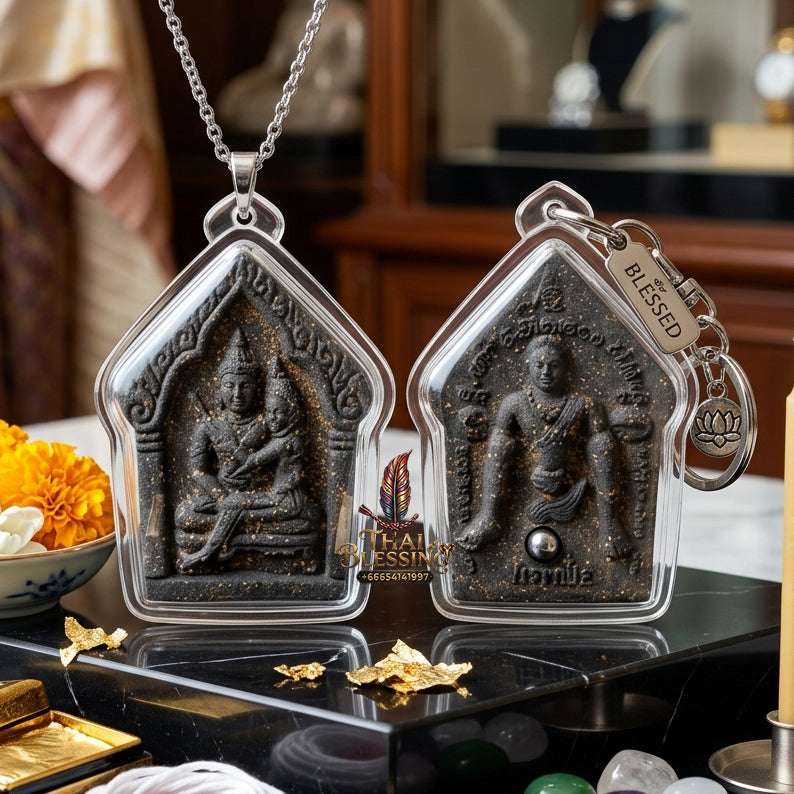 💖 Sacred "Phra Khun Phaen Oom Nang" (Khun Phaen Holding Lady) with Pho Per – "1 Billionaire" Edition: Black Sacred Herb Powder – Consecrated by Luang Pu Key, Wat Si Lam Yong (2008) Thai Blessing Co By RURUECHA