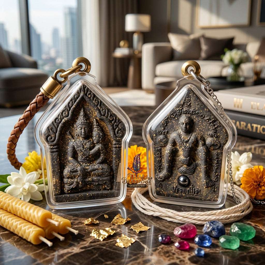 💖 Sacred "Phra Khun Phaen Oom Nang" (Khun Phaen Holding Lady) with Pho Per – "1 Billionaire" Edition: Black Sacred Herb Powder – Consecrated by Luang Pu Key, Wat Si Lam Yong (2008) Thai Blessing Co By RURUECHA