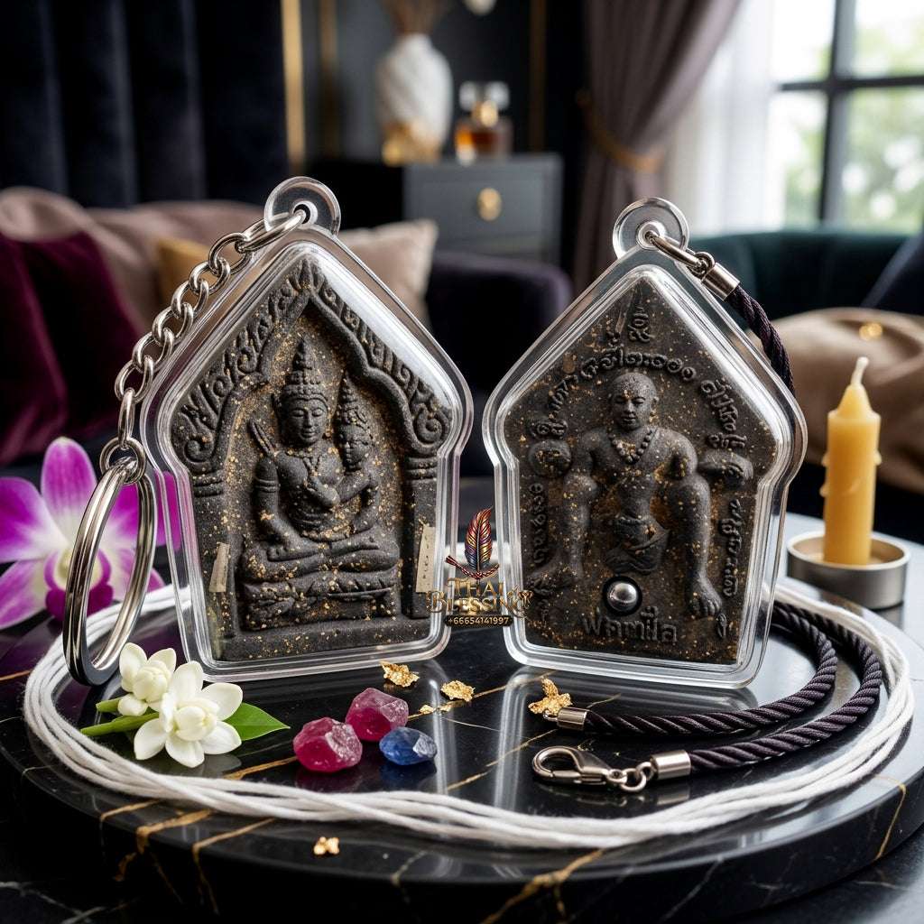 💖 Sacred "Phra Khun Phaen Oom Nang" (Khun Phaen Holding Lady) with Pho Per – "1 Billionaire" Edition: Black Sacred Herb Powder – Consecrated by Luang Pu Key, Wat Si Lam Yong (2008) Thai Blessing Co By RURUECHA