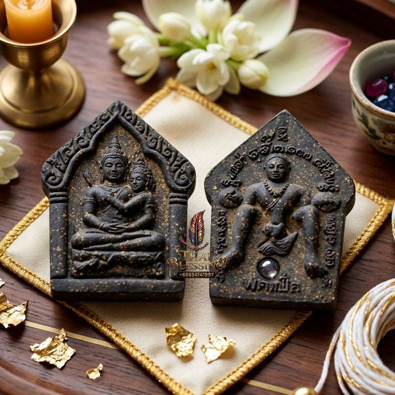 💖 Sacred "Phra Khun Phaen Oom Nang" (Khun Phaen Holding Lady) with Pho Per – "1 Billionaire" Edition: Black Sacred Herb Powder – Consecrated by Luang Pu Key, Wat Si Lam Yong (2008) Thai Blessing Co By RURUECHA