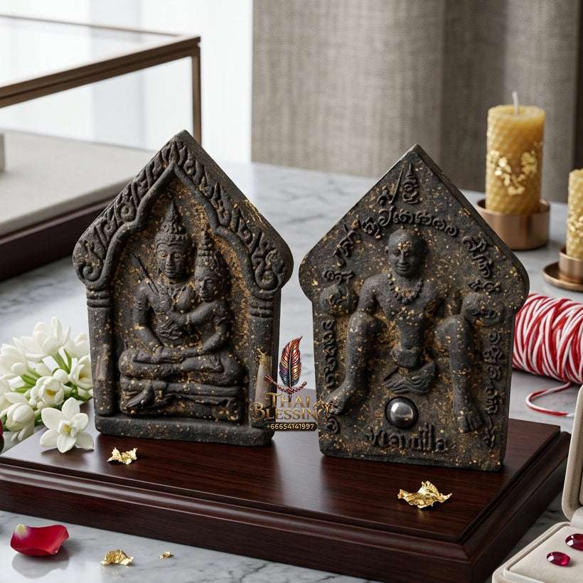 💖 Sacred "Phra Khun Phaen Oom Nang" (Khun Phaen Holding Lady) with Pho Per – "1 Billionaire" Edition: Black Sacred Herb Powder – Consecrated by Luang Pu Key, Wat Si Lam Yong (2008) Thai Blessing Co By RURUECHA