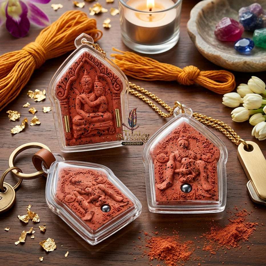 💖 Sacred "Phra Khun Phaen Oom Nang" (Khun Phaen Holding Lady) with Pho Per – "1 Billionaire" Edition: Red Sacred Herb Powder – Consecrated by Luang Pu Key, Wat Si Lam Yong (2008) Thai Blessing Co By RURUECHA