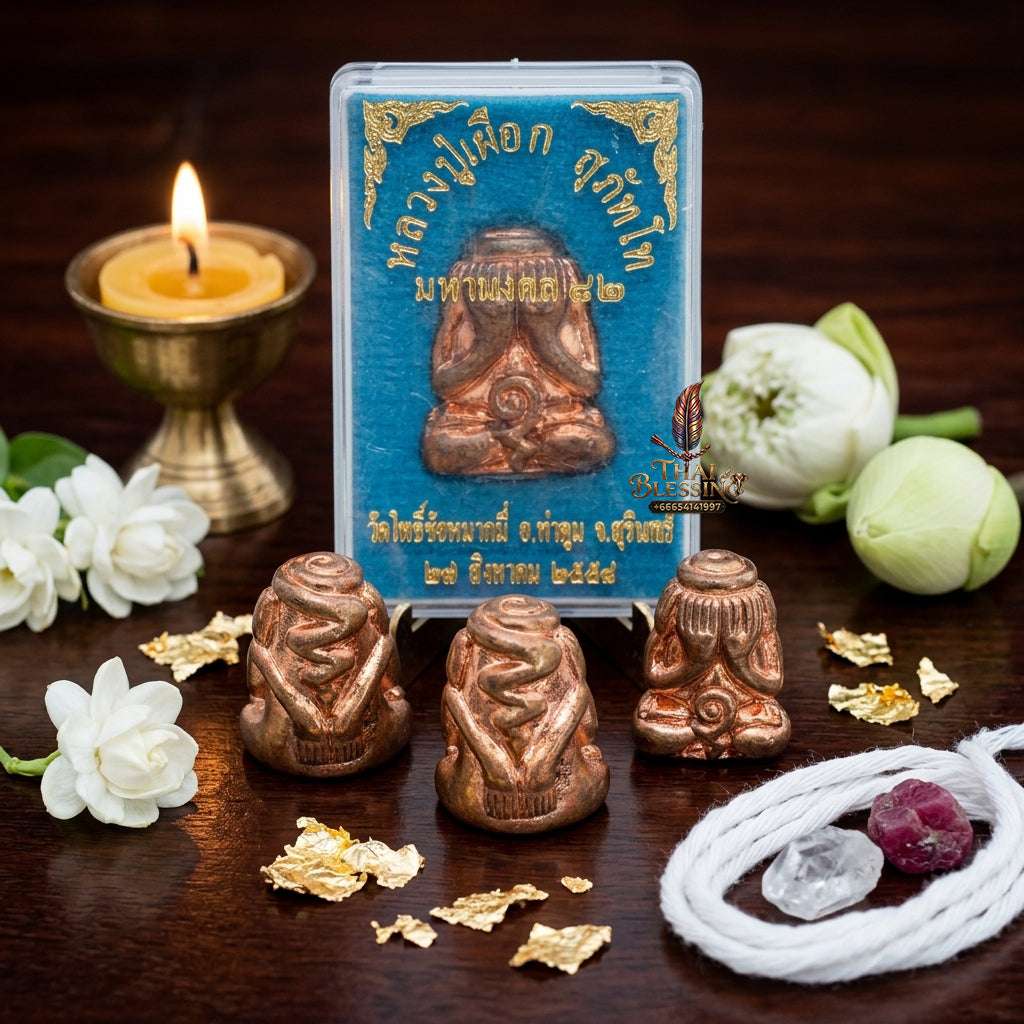 📿 Sacred "Phra Pidta Bucha Kru" (Teacher-Worship Close-Eyes Amulet): Ancient Copper Alloy – Consecrated by Luang Pu Phueak, Wat Pho Chai Mak Mi (2015) Thai Blessing Co By RURUECHA