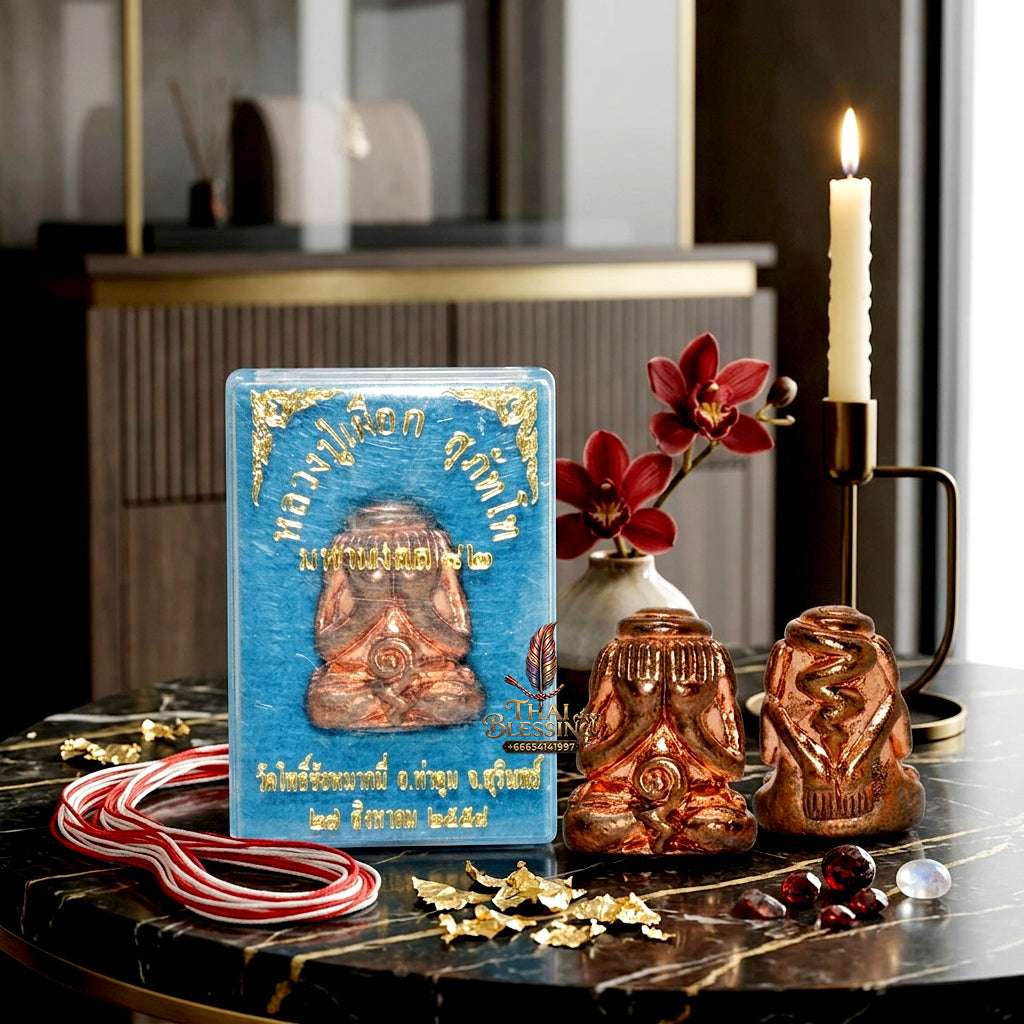 📿 Sacred "Phra Pidta Bucha Kru" (Teacher-Worship Close-Eyes Amulet): Ancient Copper Alloy – Consecrated by Luang Pu Phueak, Wat Pho Chai Mak Mi (2015) Thai Blessing Co By RURUECHA