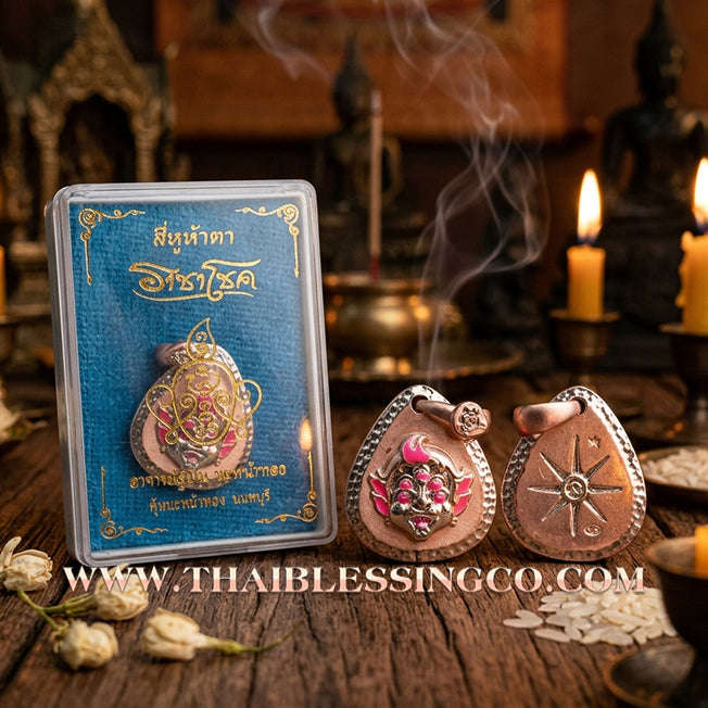 🔥 Sacred "Si Hu Ha Ta" (4 Ears & 5 Eyes) – Pink Gold-Plated & Enamel Samrit Edition: Arjan Subin Na Na Thong (2021) – The Legendary "Charcoal-to-Gold" Catalyst for Sudden Wealth, Business Windfalls, and Unstoppable Financial Success!