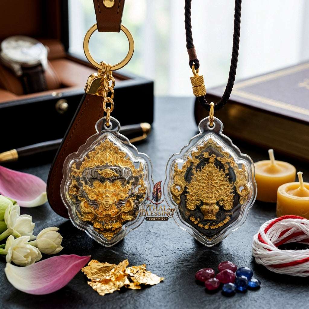 ✨ Sacred "Si Hu Ha Ta" (Four-Eared, Five-Eyed) Mask Amulet: Black-Plated Bronze with Gold Accents – Consecrated by Kruba Khamfan, Wat Kor Chok (2023) Thai Blessing Co By RURUECHA