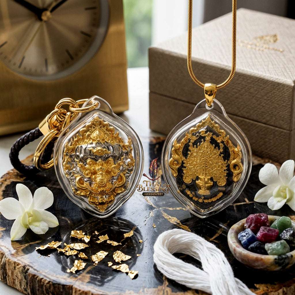 ✨ Sacred "Si Hu Ha Ta" (Four-Eared, Five-Eyed) Mask Amulet: Black-Plated Bronze with Gold Accents – Consecrated by Kruba Khamfan, Wat Kor Chok (2023) Thai Blessing Co By RURUECHA