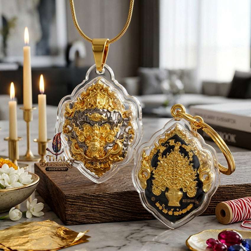 ✨ Sacred "Si Hu Ha Ta" (Four-Eared, Five-Eyed) Mask Amulet: Black-Plated Bronze with Gold Accents – Consecrated by Kruba Khamfan, Wat Kor Chok (2023) Thai Blessing Co By RURUECHA