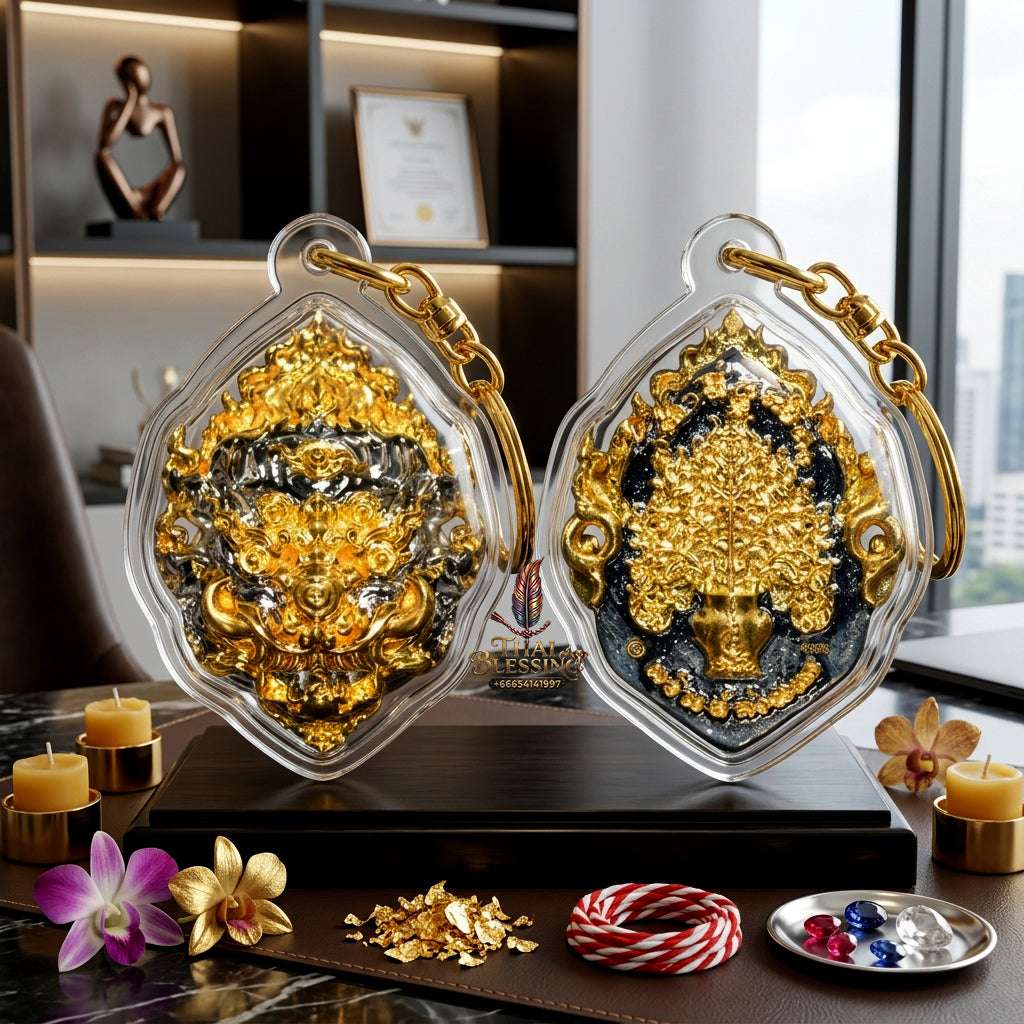 ✨ Sacred "Si Hu Ha Ta" (Four-Eared, Five-Eyed) Mask Amulet: Black-Plated Bronze with Gold Accents – Consecrated by Kruba Khamfan, Wat Kor Chok (2023) Thai Blessing Co By RURUECHA