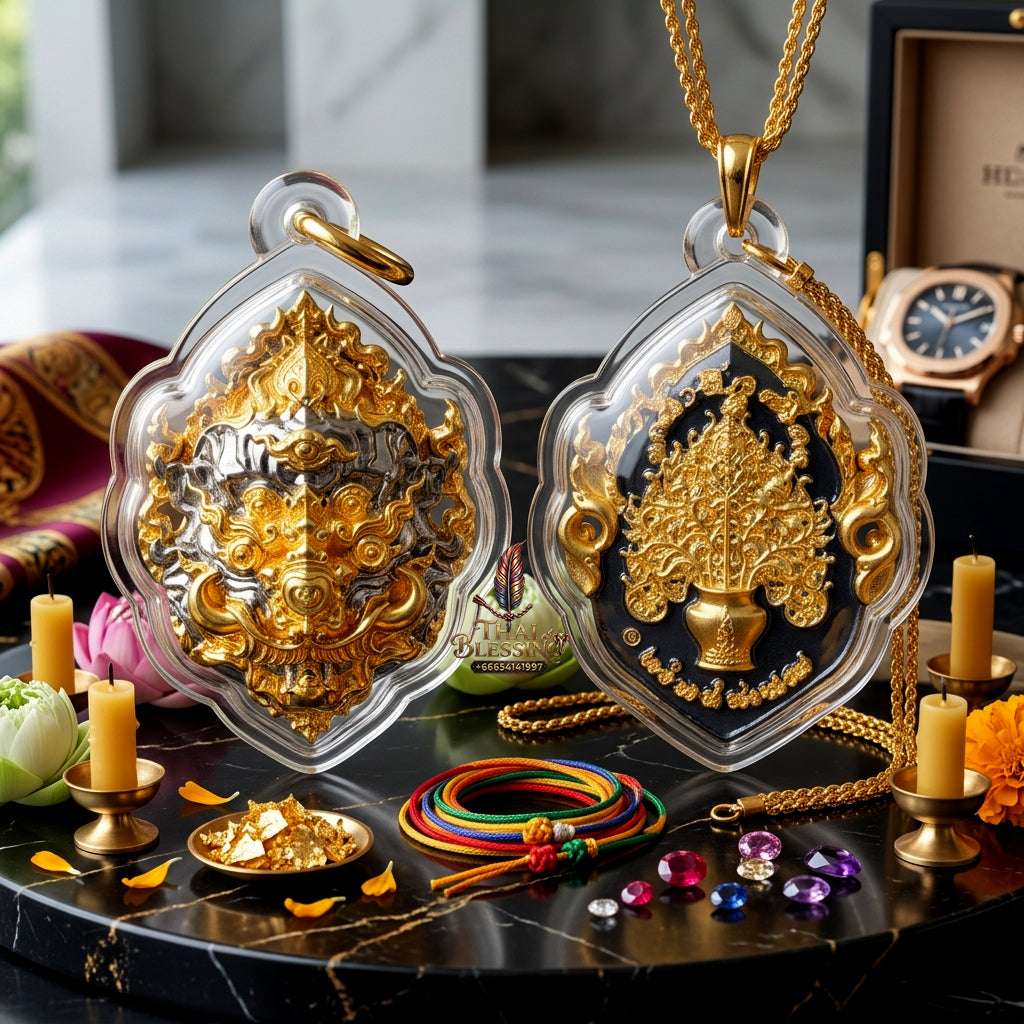 ✨ Sacred "Si Hu Ha Ta" (Four-Eared, Five-Eyed) Mask Amulet: Black-Plated Bronze with Gold Accents – Consecrated by Kruba Khamfan, Wat Kor Chok (2023) Thai Blessing Co By RURUECHA