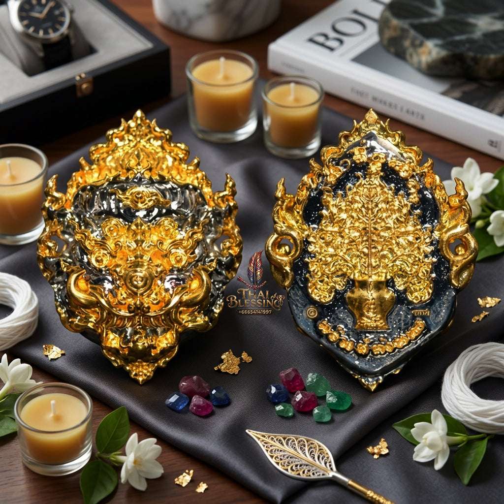 ✨ Sacred "Si Hu Ha Ta" (Four-Eared, Five-Eyed) Mask Amulet: Black-Plated Bronze with Gold Accents – Consecrated by Kruba Khamfan, Wat Kor Chok (2023) Thai Blessing Co By RURUECHA