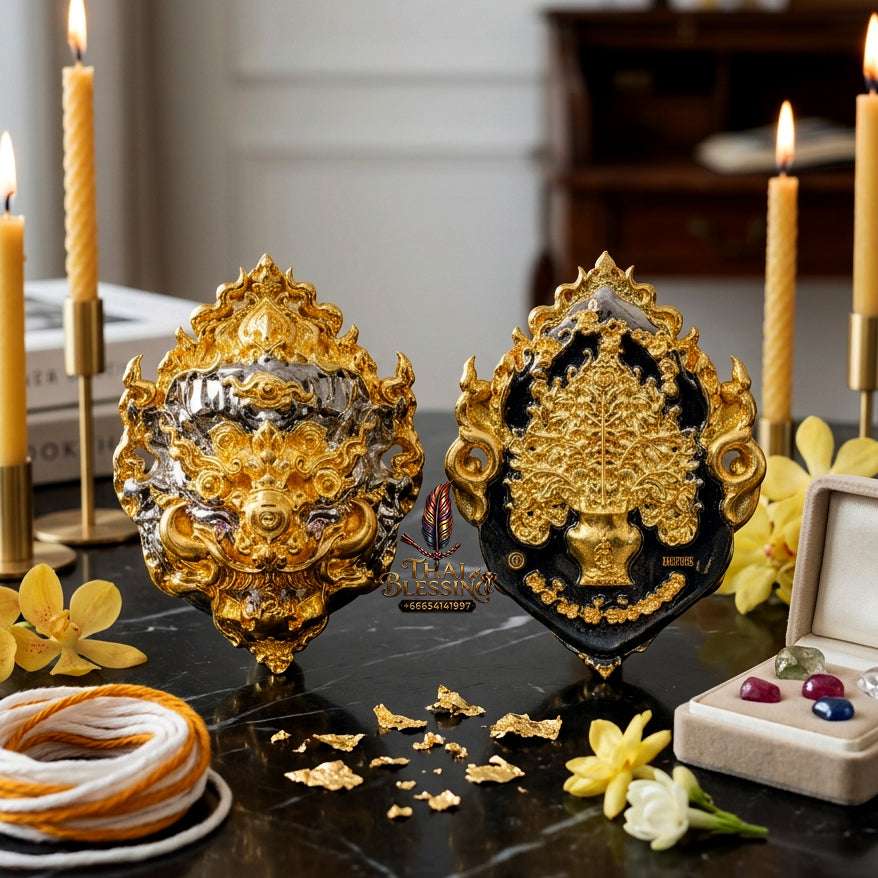 ✨ Sacred "Si Hu Ha Ta" (Four-Eared, Five-Eyed) Mask Amulet: Black-Plated Bronze with Gold Accents – Consecrated by Kruba Khamfan, Wat Kor Chok (2023) Thai Blessing Co By RURUECHA