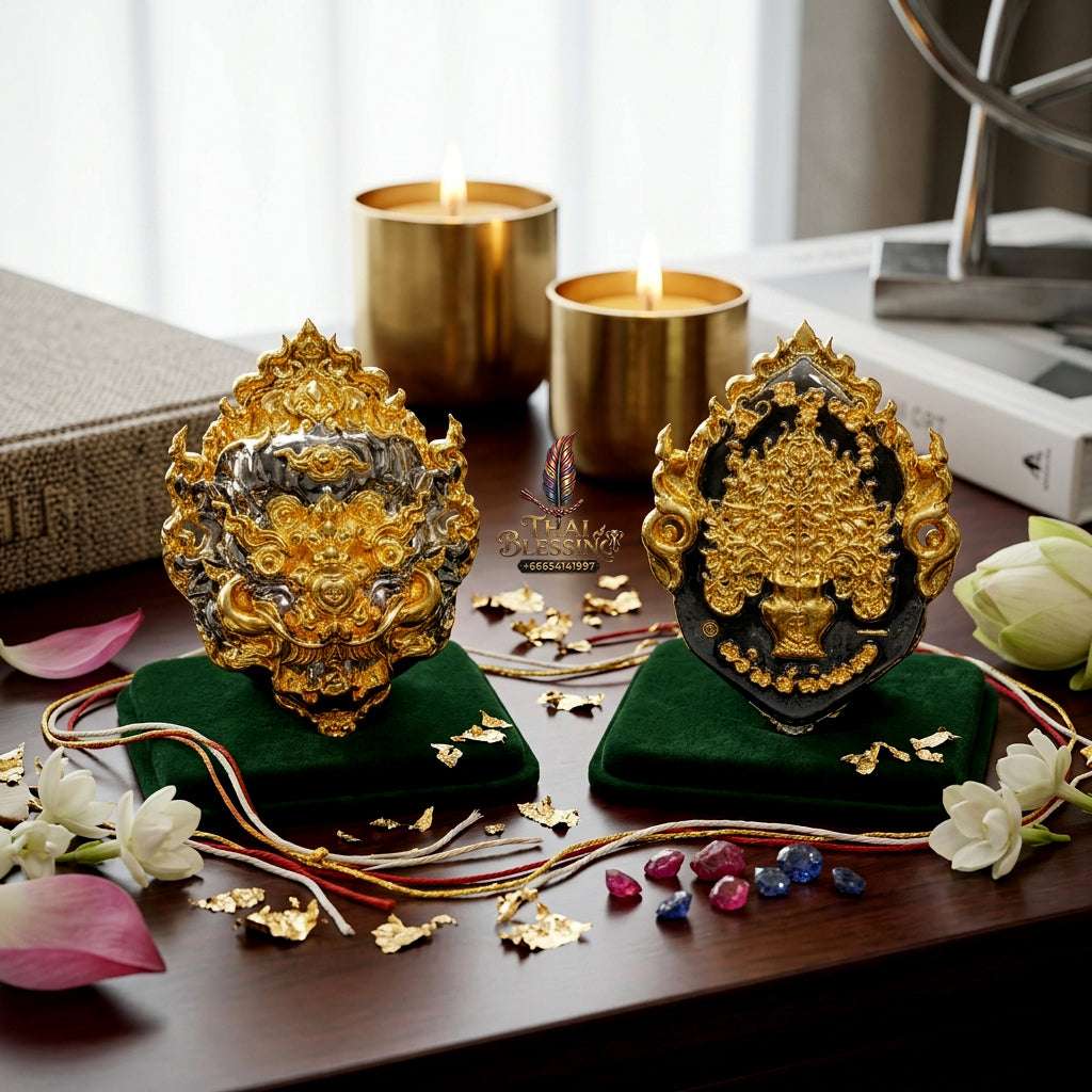 ✨ Sacred "Si Hu Ha Ta" (Four-Eared, Five-Eyed) Mask Amulet: Black-Plated Bronze with Gold Accents – Consecrated by Kruba Khamfan, Wat Kor Chok (2023) Thai Blessing Co By RURUECHA