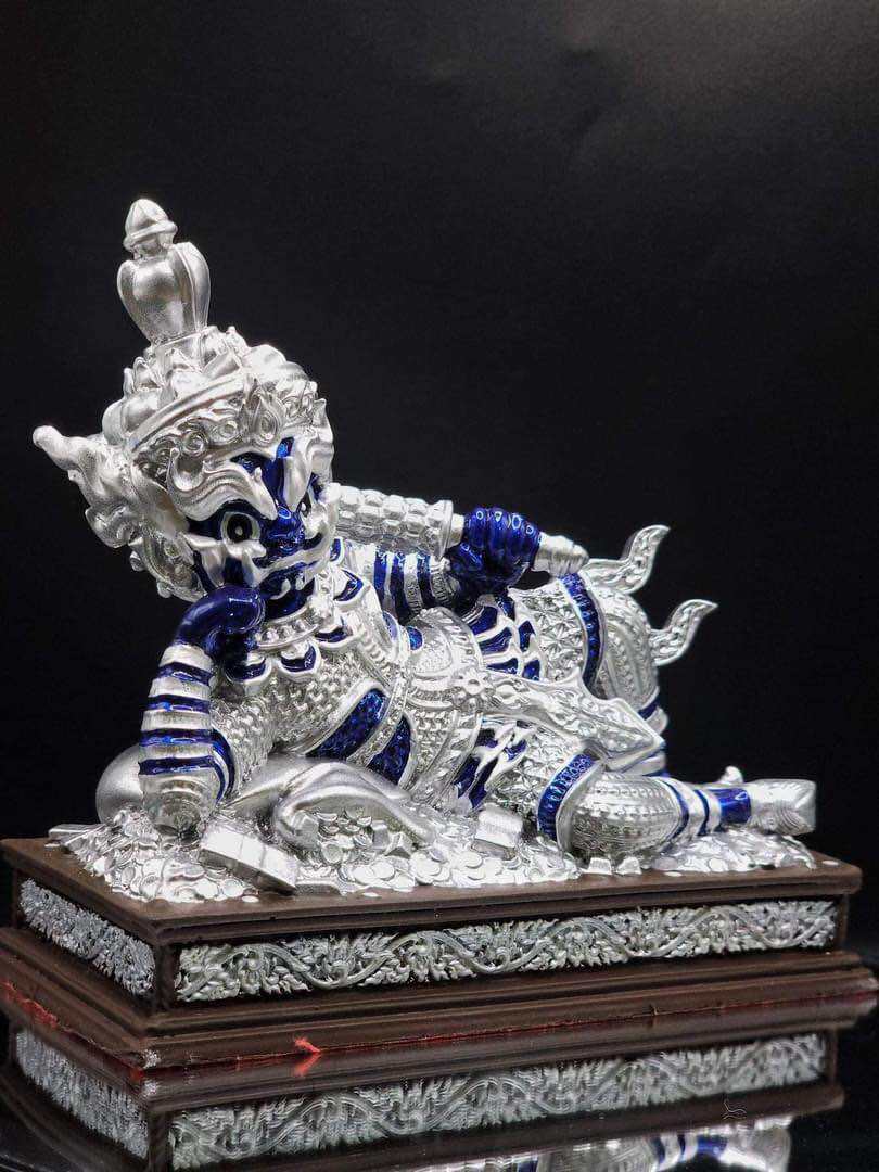 Limited edition sacred Thai guardian statue intricately designed in silver and blue tones
