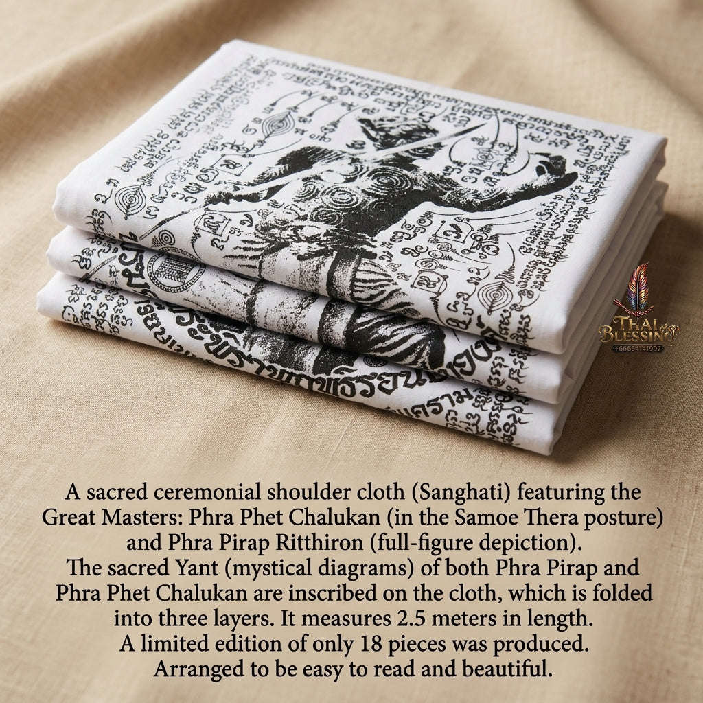 Sacred Thai Khao Or Grand Master Yantra Sash "Phra Phetchalukan & Phra Pirab Edition" (2.5m Triple-Fold Ceremonial Cloth Infused with 227 Holy Herb Inks) Limited 18 Pieces Worldwide Thai Blessing Co By RURUECHA
