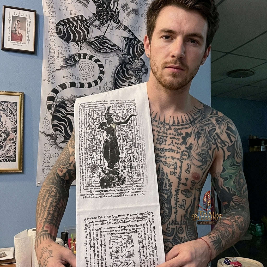 Sacred Thai Khao Or Grand Master Yantra Sash "Phra Phetchalukan & Phra Pirab Edition" (2.5m Triple-Fold Ceremonial Cloth Infused with 227 Holy Herb Inks) Limited 18 Pieces Worldwide Thai Blessing Co By RURUECHA