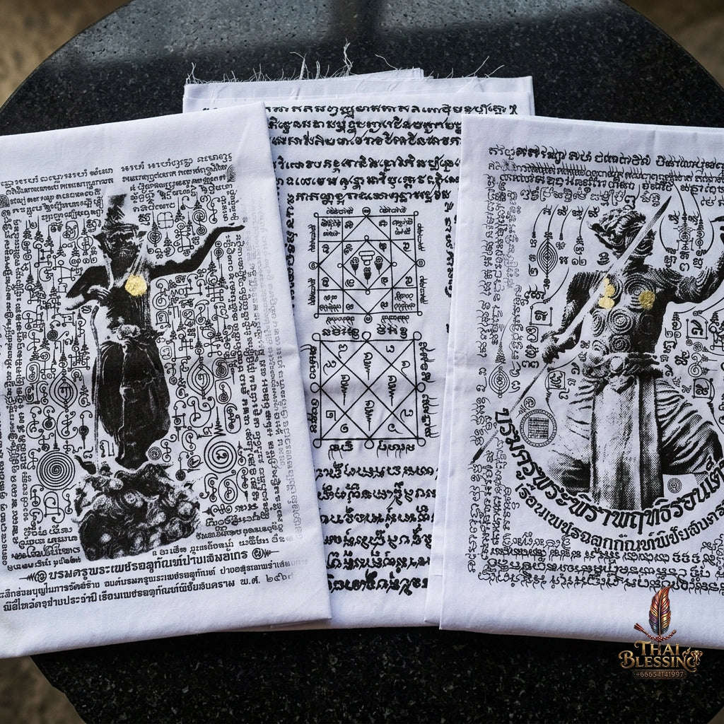 Sacred Thai Khao Or Grand Master Yantra Sash "Phra Phetchalukan & Phra Pirab Edition" (2.5m Triple-Fold Ceremonial Cloth Infused with 227 Holy Herb Inks) Limited 18 Pieces Worldwide Thai Blessing Co By RURUECHA