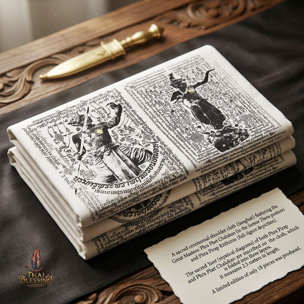 Sacred Thai Khao Or Grand Master Yantra Sash "Phra Phetchalukan & Phra Pirab Edition" (2.5m Triple-Fold Ceremonial Cloth Infused with 227 Holy Herb Inks) Limited 18 Pieces Worldwide Thai Blessing Co By RURUECHA