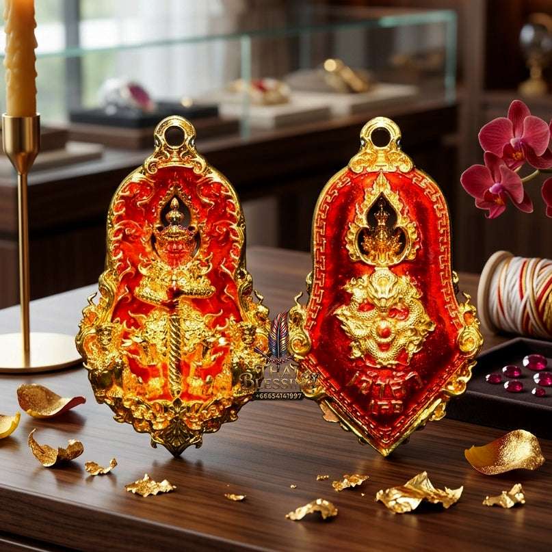 ✨ Sacred "Thao Wessuwan" (God of Wealth) Jampi Coin, "Jao Sua 168" Edition: Gold-Plated Bronze with Red Enamel – Consecrated by Phra Ajarn Lek, Wat Tham Khao Noi (2022) Thai Blessing Co By RURUECHA