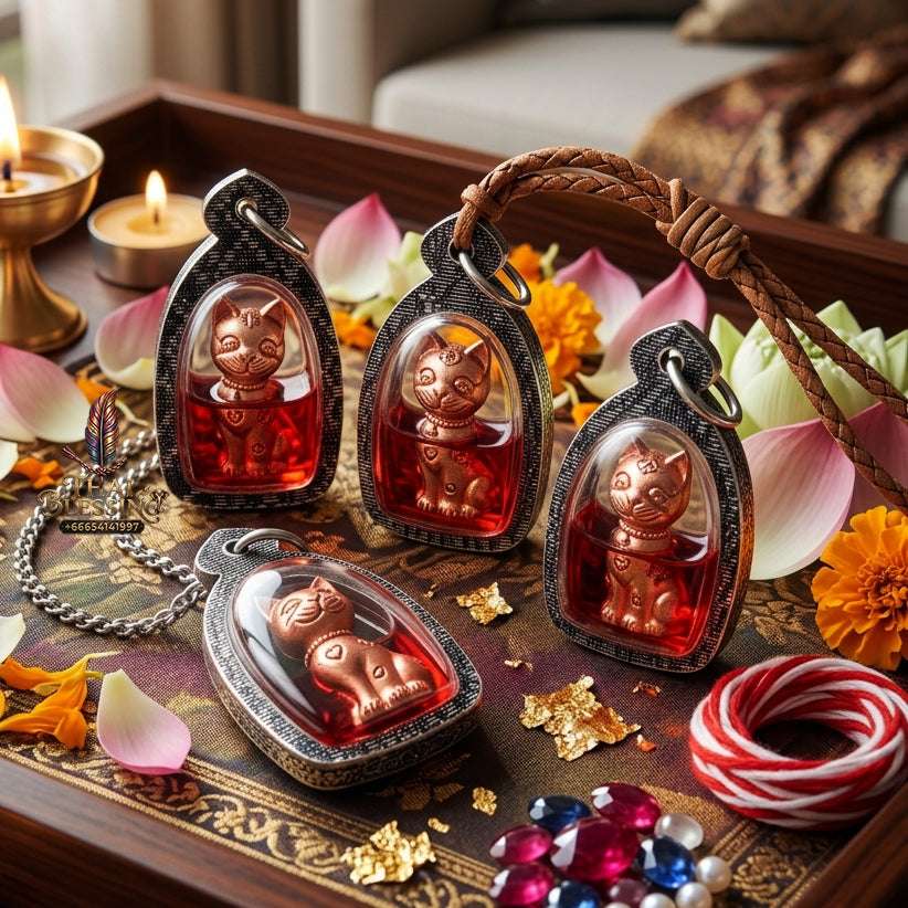 ✨ Sacred Wealth-Calling Cat (Meow Reak Sap) Amulet Pink Gold Plated Bronze, Encased in Rare Red Wan Kai Daeng Oil – Blessed by Luang Ta Ruam, Wat Khok Samran (2021) Thai Blessing Co By RURUECHA