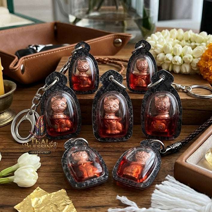 ✨ Sacred Wealth-Calling Cat (Meow Reak Sap) Amulet Pink Gold Plated Bronze, Encased in Rare Red Wan Kai Daeng Oil – Blessed by Luang Ta Ruam, Wat Khok Samran (2021) Thai Blessing Co By RURUECHA