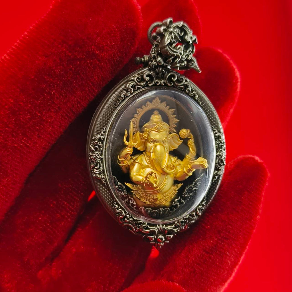 Thai Ganesh pendant white satin gold ornate silver frame amulet in clear dome held in red velvet glove