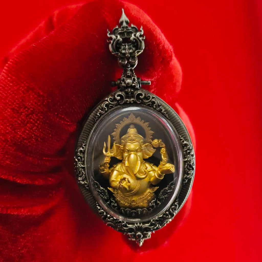 Thai Ganesh pendant white satin gold ornate oval amulet in antique silver filigree frame for altar