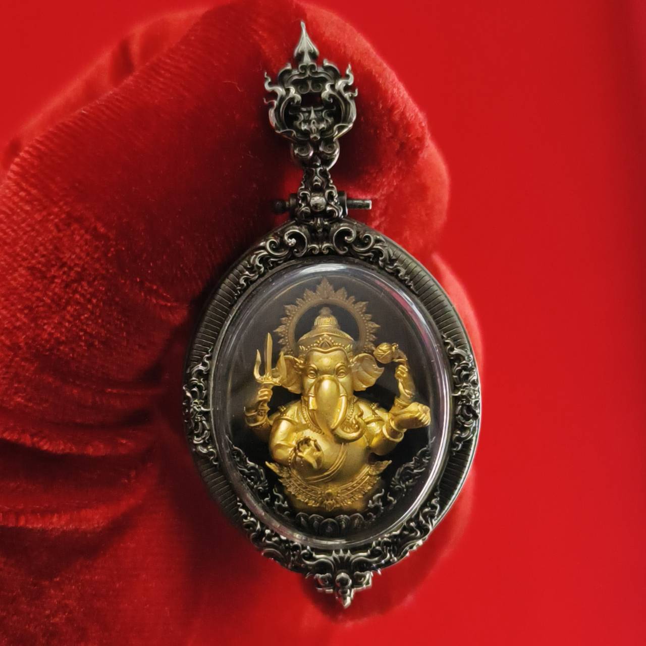 Thai Ganesh pendant white satin gold ornate oval amulet in antique silver filigree frame for altar