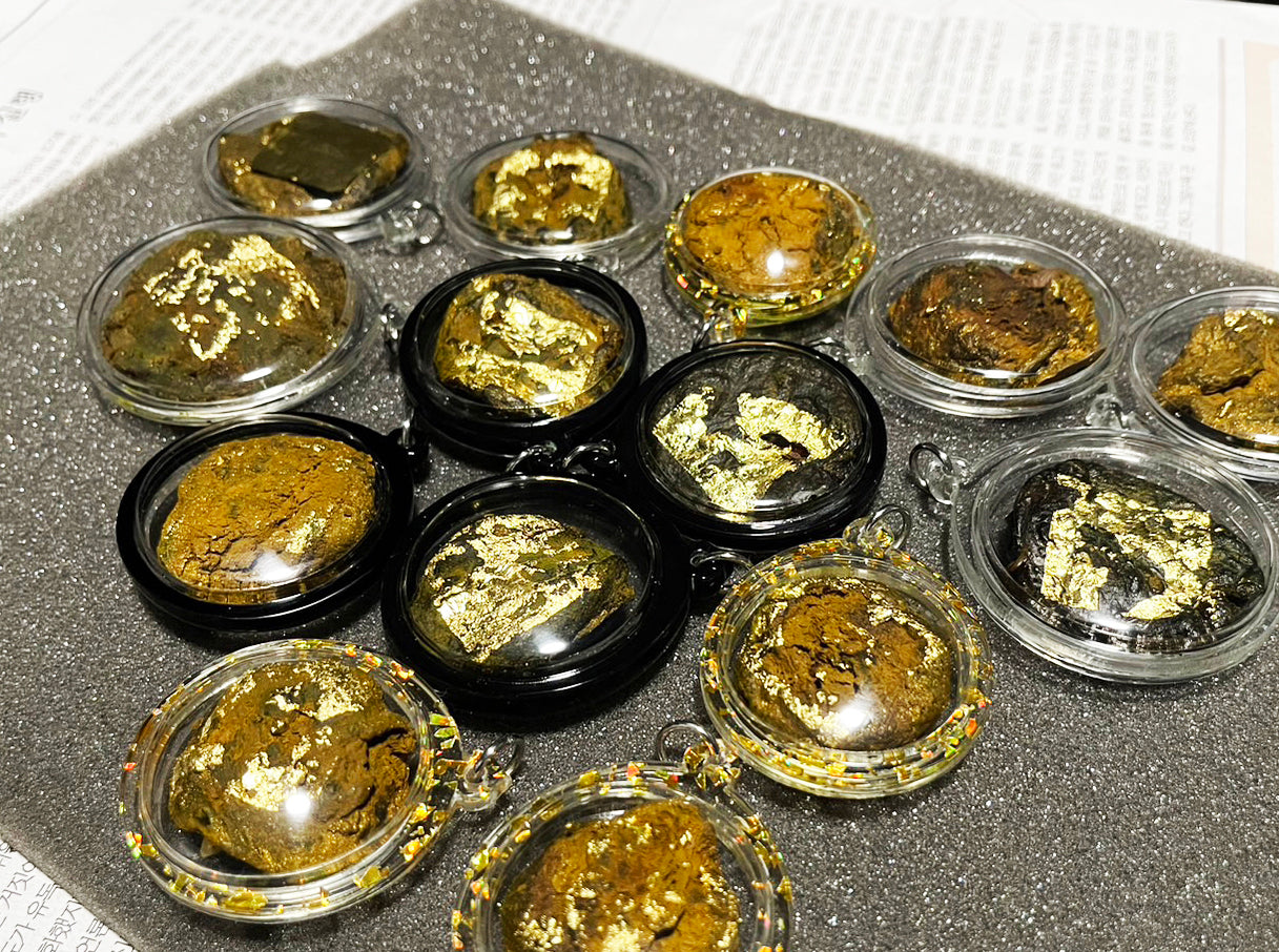 Thai wild cat placenta amulet assortment in clear round cases with gold leaf accents for protection