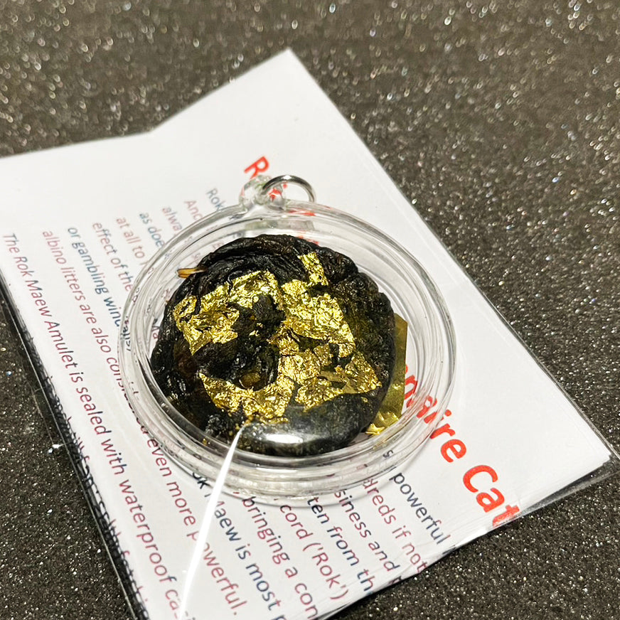 Thai wild cat placenta amulet sealed in a clear waterproof round case with gold leaf flakes on info card
