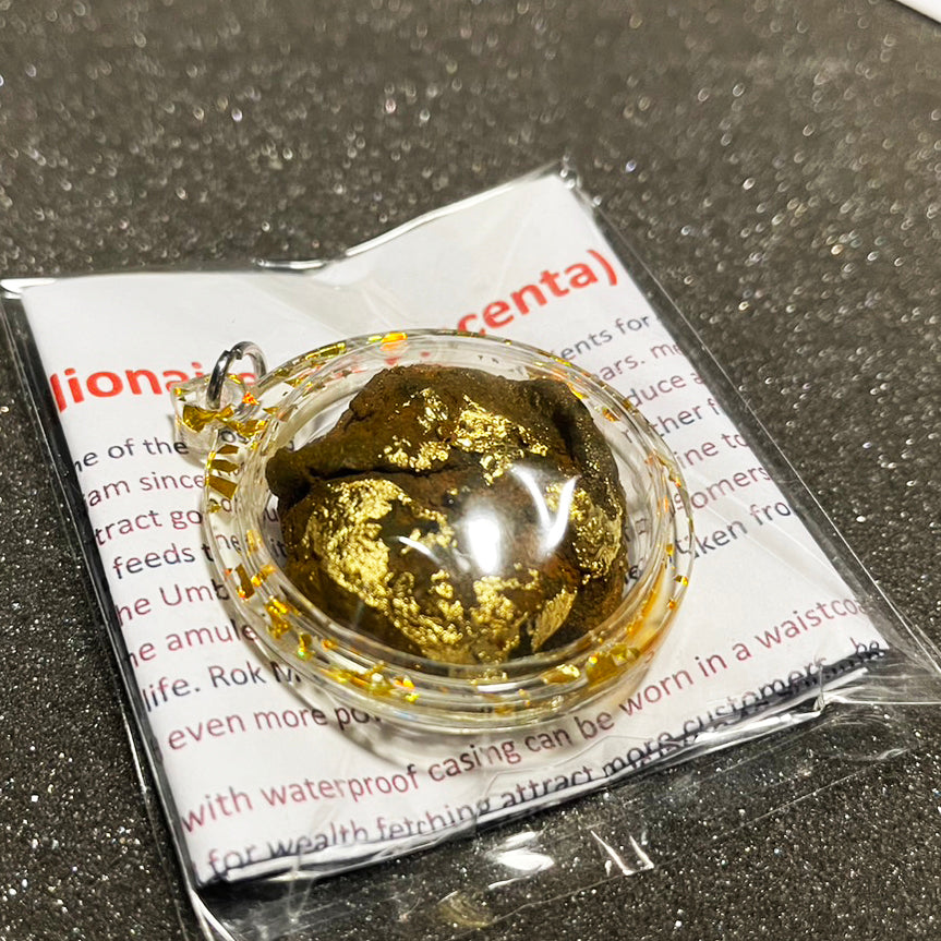 Thai wild cat placenta amulet in clear waterproof round pendant with gold leaf flakes on paper backing