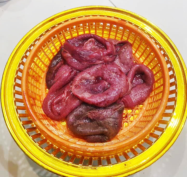 Thai wild cat placenta amulet displayed in yellow plastic basket showing preserved red placenta for spiritual blessing rituals