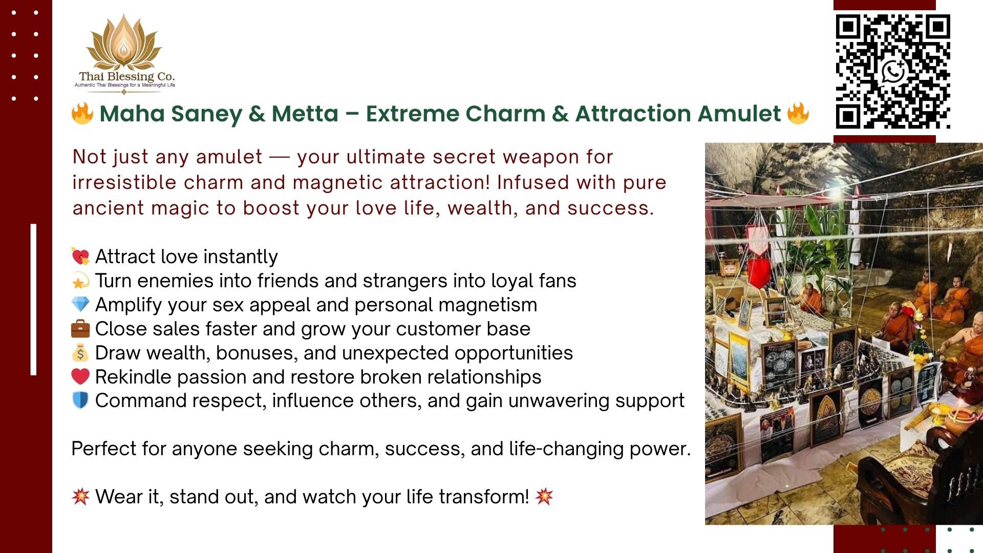 Thai Blessing Co Maha Saney Metta attraction amulet display with shrine photo and text promoting passion oil for couples