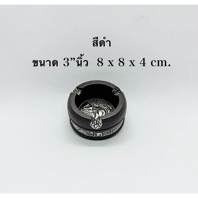 Black handcrafted mango wood ashtray with detailed silver dragon design measuring 8 x 8 x 4 cm