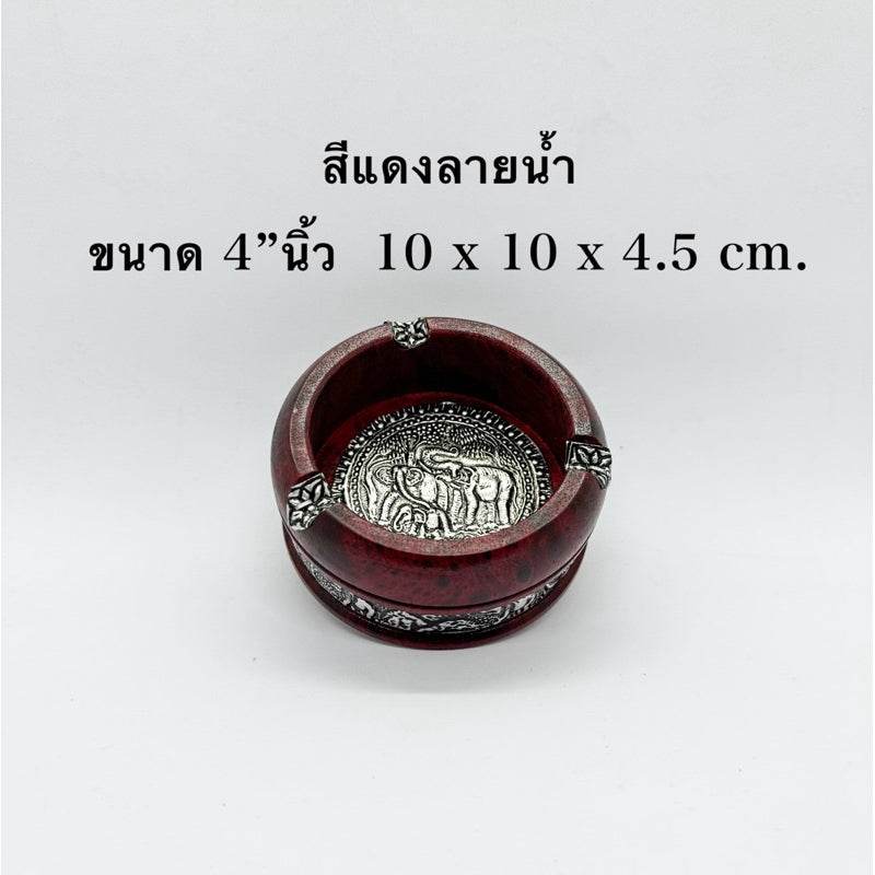 Handcrafted mango wood ashtray with silver elephant design and red finish