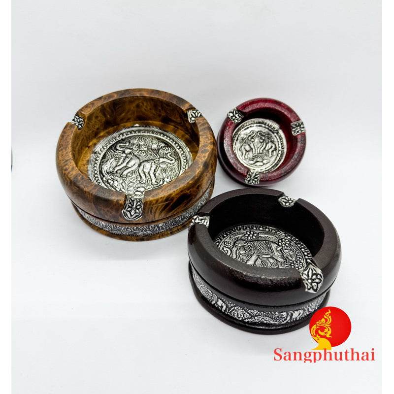 Handcrafted mango wood ashtray set with intricate silver elephant designs by One-Sake.com