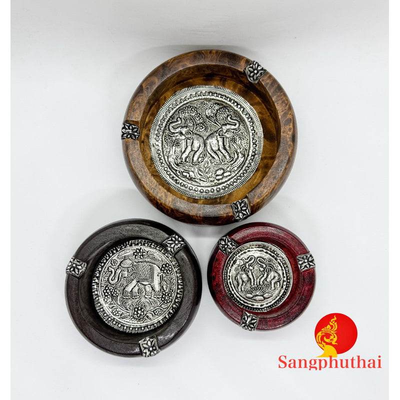 Handcrafted mango wood ashtray set with intricate metal elephant and animal designs from One-Sake.com
