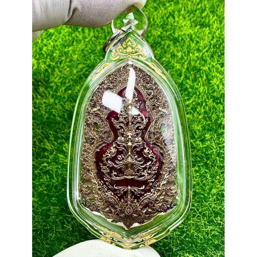 Satin-Bronze Taowessuwan Amulet Silver-Plated with Color Enamel from Wat Pa Tripoom Satthatham
