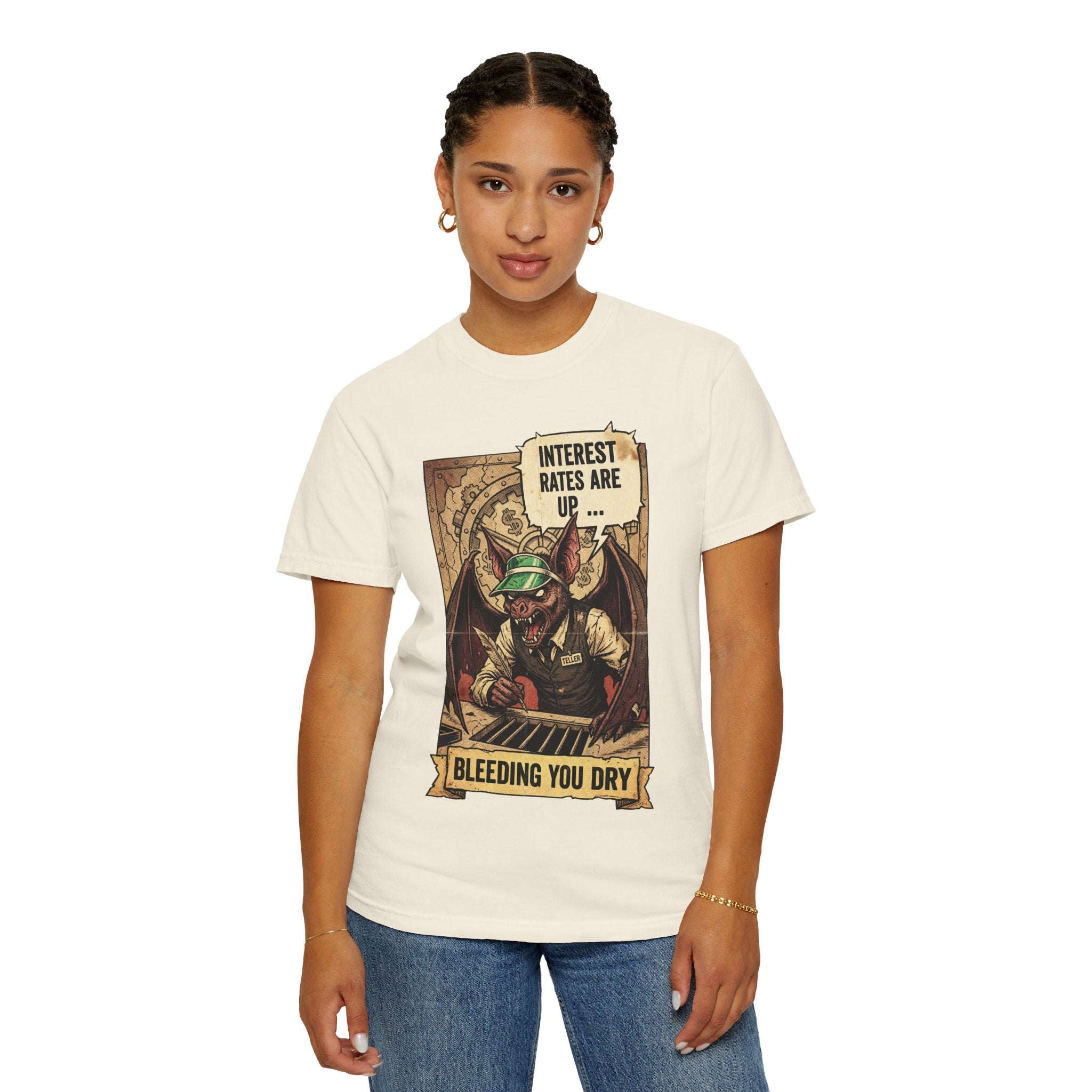 Satirical Finance T-Shirt Collection, Toxic Work Culture Skeleton Tee, Market Correction Red Wedding, Hyperinflation Satire Graphic Shirt Ivory